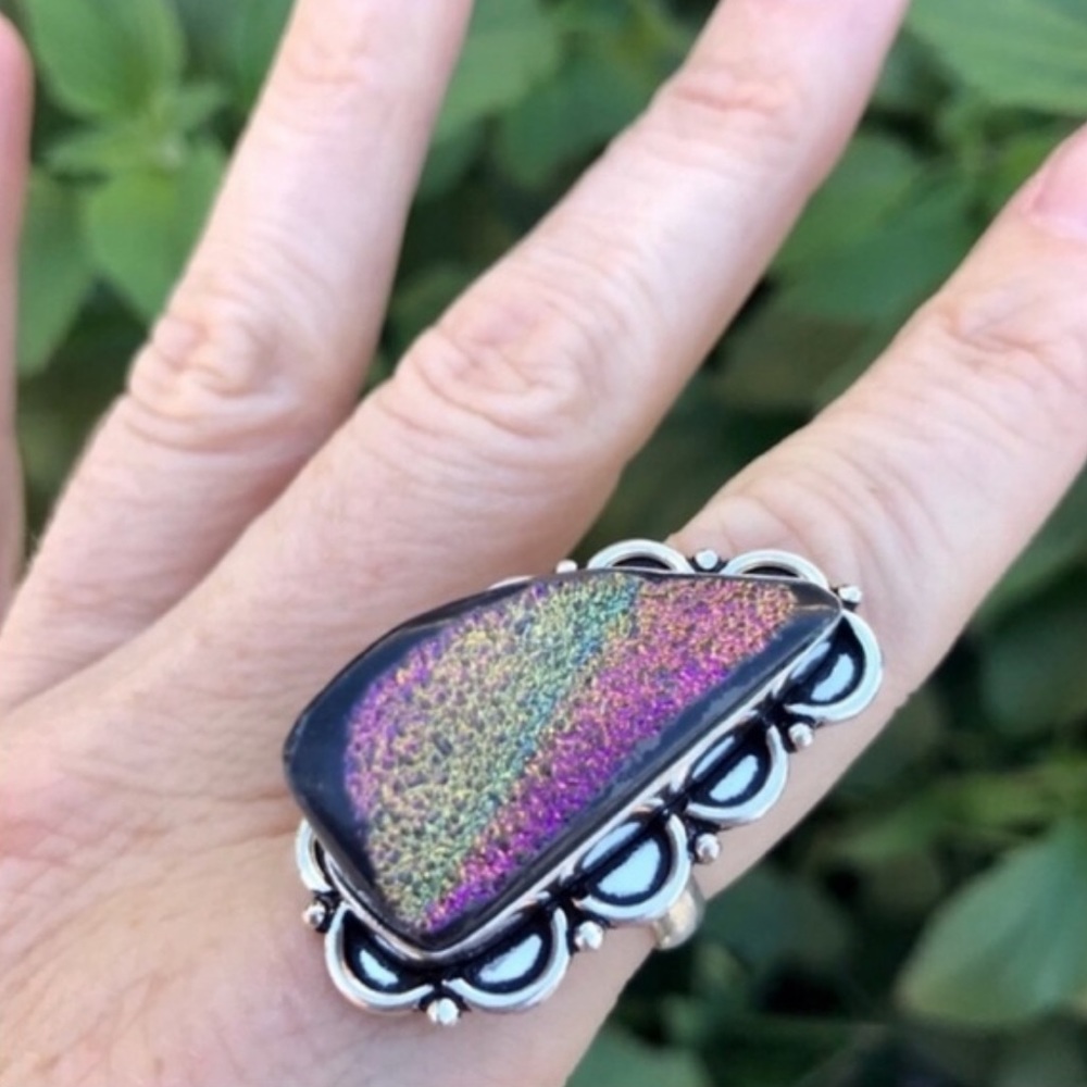 Sundance Rainbow DRUZY RING sterling SILVER titanium Crystallized gem stone rock